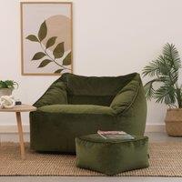 icon Natalia Velvet Adults Bean Bag Armchair & Pouffe, Ready Filled Large Beanbag & Footstool Olive Green