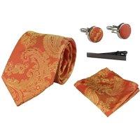 Paul Andrew Paisley Neck Tie Pocket Square Cuff Links in Orange