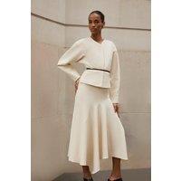 Structured Crepe Tailored Asymmetric Drape Midi Skirt