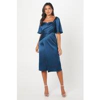 Coast Women's Satin Wrap Waist Flutter Sleeve Midi Wedding Guest Dress in Washed Indigo | Size: 10