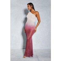 MissPap Women's Sheer Ombre Diamante Embellished One Shoulder Maxi Dress in Berry | Size: 8