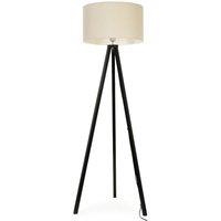 ValueLights Barbro Black Wood Tripod Floor Light Lamp with Reni Drum Shade in Natural