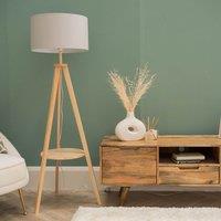 ValueLights Morrigan Natural Wood Tripod Floor Lamp with Fabric Drum Lamp Shade in Charcoal