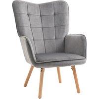 HOMCOM Accent Chair Velvet Tufted Wingback Armchair Club Chair with Wood Legs in Grey