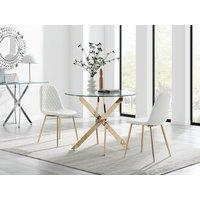 FurnitureboxUK Novara 100cm Round Gold Leg Dining Table & 2 Corona Gold Chairs in White