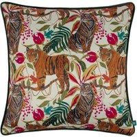 Wylder Tropics Kali Jungle Tigers Piped Satin Feel Polyester Filled Cushion in Ivory | Size: 43 cm x 43 cm