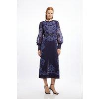 Baroque Applique Organdie Long Sleeve Woven Maxi Dress