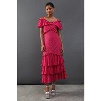 Corded Lace Ruffle Fallen Shoulder Midi Dress