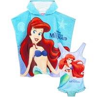 Disney Girl's Poncho Towel & 1 Piece Swimming Costume Set | Blue | Official | Size: 18-24 m