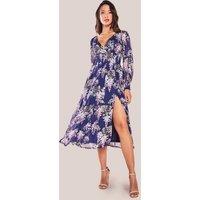 Goddiva Women's Printed Lurex Chiffon Long Sleeve Midi Dress in Navy | Size: 8