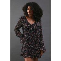 Warehouse Women's Floral Pleated Chiffon V Neck Mini Swing Dress in Black | Size: 8