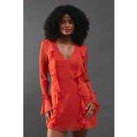 Warehouse Women's Chiffon Ruffle Detail Tie Sleeve Mini Dress in Red | Size: 8
