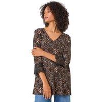 Roman Women's Abstract Print Lace Detail Tunic Top in Black | Size: 12