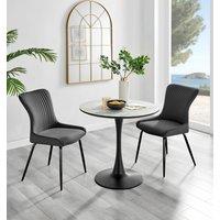 FurnitureboxUK Elina White Marble Effect Scratch Resistant Dining Table & 2 Nora Black Leg Velvet Chairs in Dark Grey