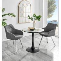 FurnitureboxUK Elina White Marble Effect Scratch Resistant Dining Table & 2 Falun Silver Leg Fabric Chairs in Dark Grey