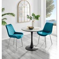 FurnitureboxUK Elina White Marble Effect Scratch Resistant Dining Table & 2 Pesaro Silver Leg Velvet Chairs in Blue