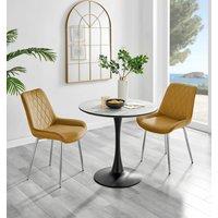 FurnitureboxUK Elina White Marble Effect Scratch Resistant Dining Table & 2 Pesaro Silver Leg Velvet Chairs in Mustard