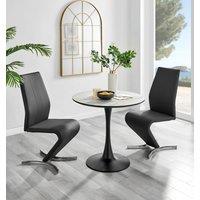 FurnitureboxUK Elina White Marble Effect Scratch Resistant Dining Table & 2 Willow Faux Leather Chairs in Black