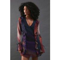 Chiffon Ombre Ruffle Detail Tie Sleeve Mini Dress