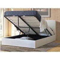 Modernique Leather Ottoman Storage Bed with Wooden Slatted Gas Liftup Base in Off-White | Size: Super King