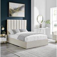 Modish Furnishing Beige Fabric Bed With Gold Metal Trim & Ottoman Storage | Size: Double