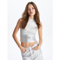 Dexia Women's Sleeveless Mock Neck Crop Top with Varak Print In Silver | Size: Medium