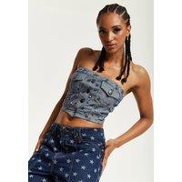 House of Holland Women's Star Print Grey Denim Bandeau Top | Size: 12