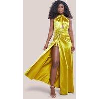 Goddiva Women's Halter Neck Front Split Satin Maxi Dress in Lime | Size: 12