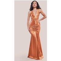 Goddiva Women's Multi Tied Satin Gathered Ring Maxi Dress in Gold | Size: 10