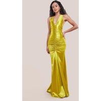 Goddiva Women's Multi Tied Satin Gathered Ring Maxi Dress in Lime | Size: 8