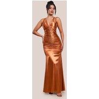 Goddiva Women's Multi Tied Satin Gathered Ring Maxi Dress in Gold | Size: 14