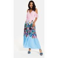 Liquorish Women's Floral Print Maxi Wrap Dress With Frill Details in Blue & Pink | Size: 14
