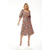 Liquorish Women's Orange Floral Midi Dress with Waist Tie | Size: 8