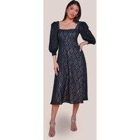 Goddiva Women's Puff Sleeve Side Slit Flared Jacquard Chiffon Midi Dress in Black | Size: 10