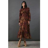 Warehouse Women's Burnout Velvet Balloon Sleeve Empire Seam Midi Dress in Animal | Size: 8