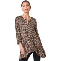 Roman Women's Abstract Linear Print Cutout Tunic Top in Tan | Size: 12
