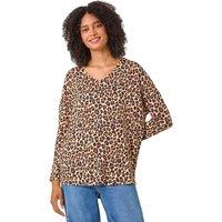 Roman Women's Animal Print V-Neck Tunic Stretch Top in Natural | Size: 12