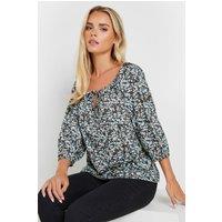 M&Co Women's Floral Print Tie Neck Top in Black | Size: 10