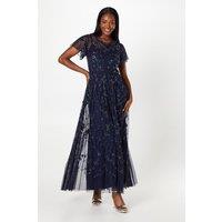 Hand Embellished Flutter Sleeve Boat Neck Midi Dress