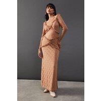 Warehouse Women's Mixed Lace Sweetheart Neck Maxi Dress in Taupe | Size: 8