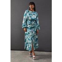 Warehouse Womens Midi Dress Green Ruched Waist Side Slit Spring Summer