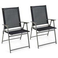 Costway 2 Pieces Patio Folding Chairs Outdoor Portable Dining Chairs with Armrests in Black