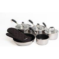 MasterClass 6pc Deluxe Cookware Set with 3x Saucepans with Glass Lids, x 1x Saut Pan, 1x Milk Pan & 1x Quilted Single Oven Glove | Size: Large