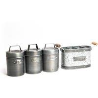 Industrial Kitchen 4pc Storage Set with Galvanised Steel Utensil Holder & Tea, Coffee & Sugar Metal Storage Canisters | Size: Large