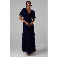 Oasis Women's V Neck Puff Sleeve Tiered Georgette Bridesmaid Dress in Navy | Size: 8