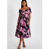 Quiz Women's Black Floral Bardot Skater Midi Dress | Size: 8