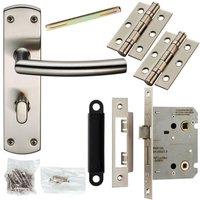 Loops Door Handle & Bathroom Lock Pack Satin Steel Curved & Mitred Bar Backplate in Metallics