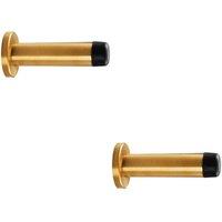 Loops 2x Rubber Tipped Doorstop Cylinder with Rose Wall Mounted 70mm Satin Brass in Metallics