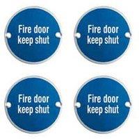 Loops 4x Fire Door Keep Shut Sign 64mm Fixing Centres 76mm Dia Satin Steel in Metallics