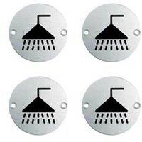 Loops 4x Bathroom Door Shower Symbol Sign 64mm Fixing Centres 76mm Dia Satin Steel in Metallics